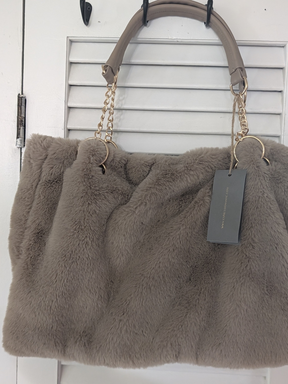Expressions NYC - Broome ST fur Chain Tote - Taupe - Vegan - NWT!